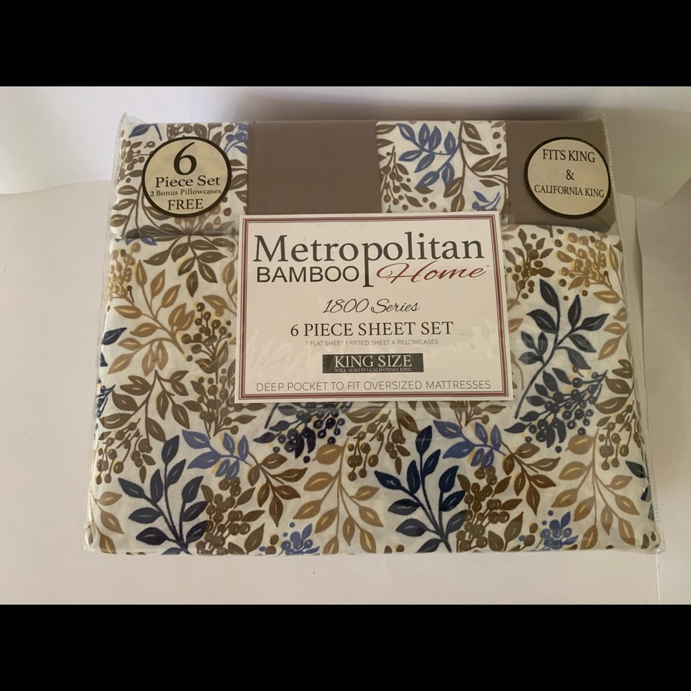 King Six Piece Sheet Set 1800 Deep Pocket Floral Blue